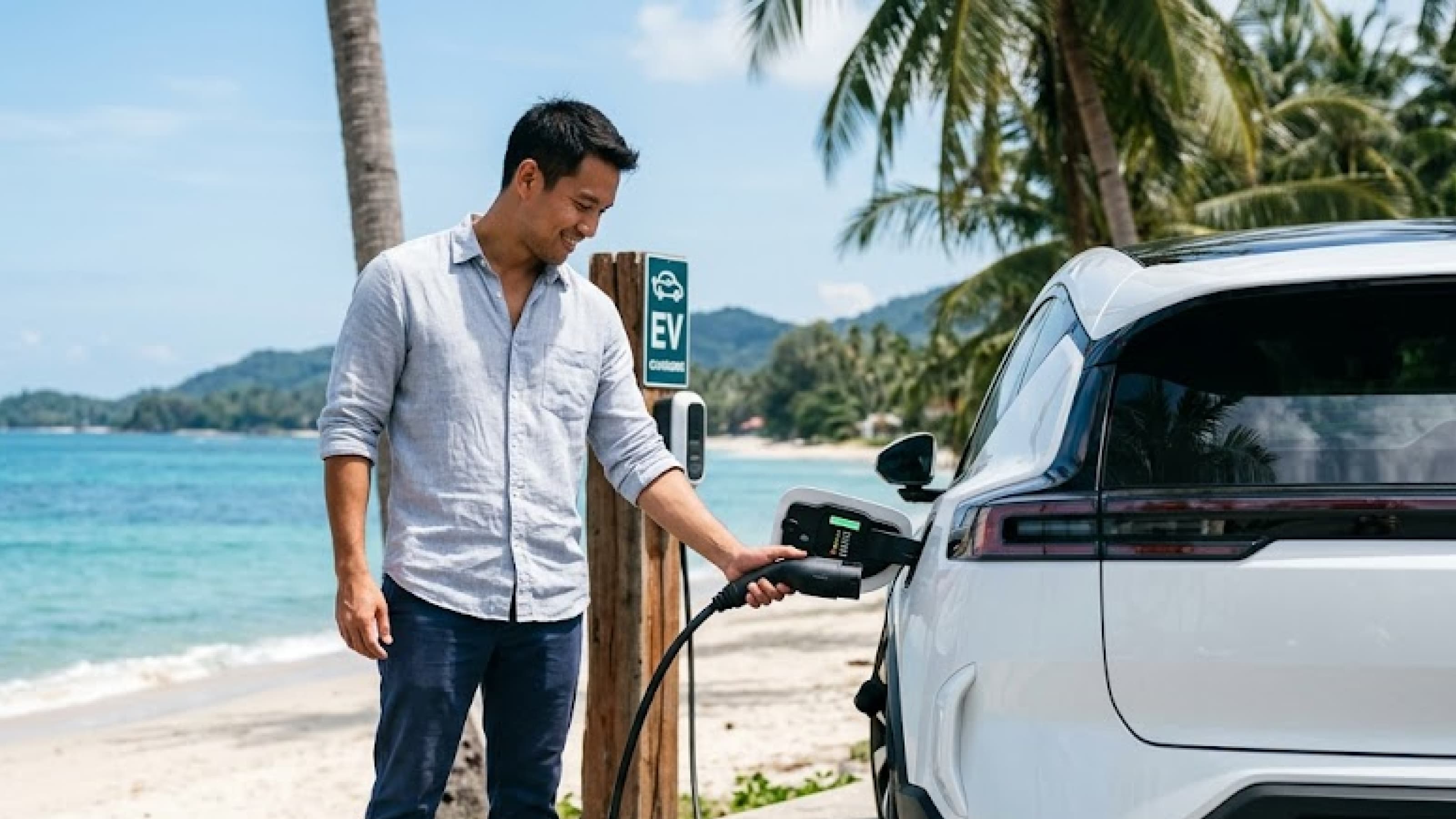 ผู้ชายกำลังชาร์จรถยนต์ไฟฟ้าที่จุดชาร์จ EV ริมชายหาดในประเทศไทย